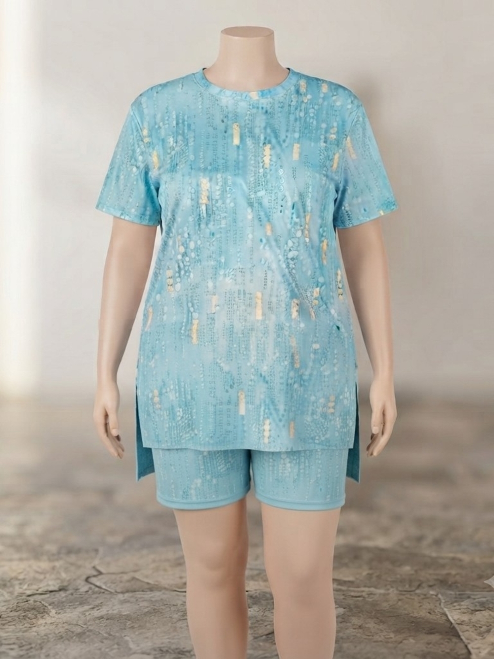 Light Blue Two-Piece Tunic and Shorts  Pajama Lounging Set